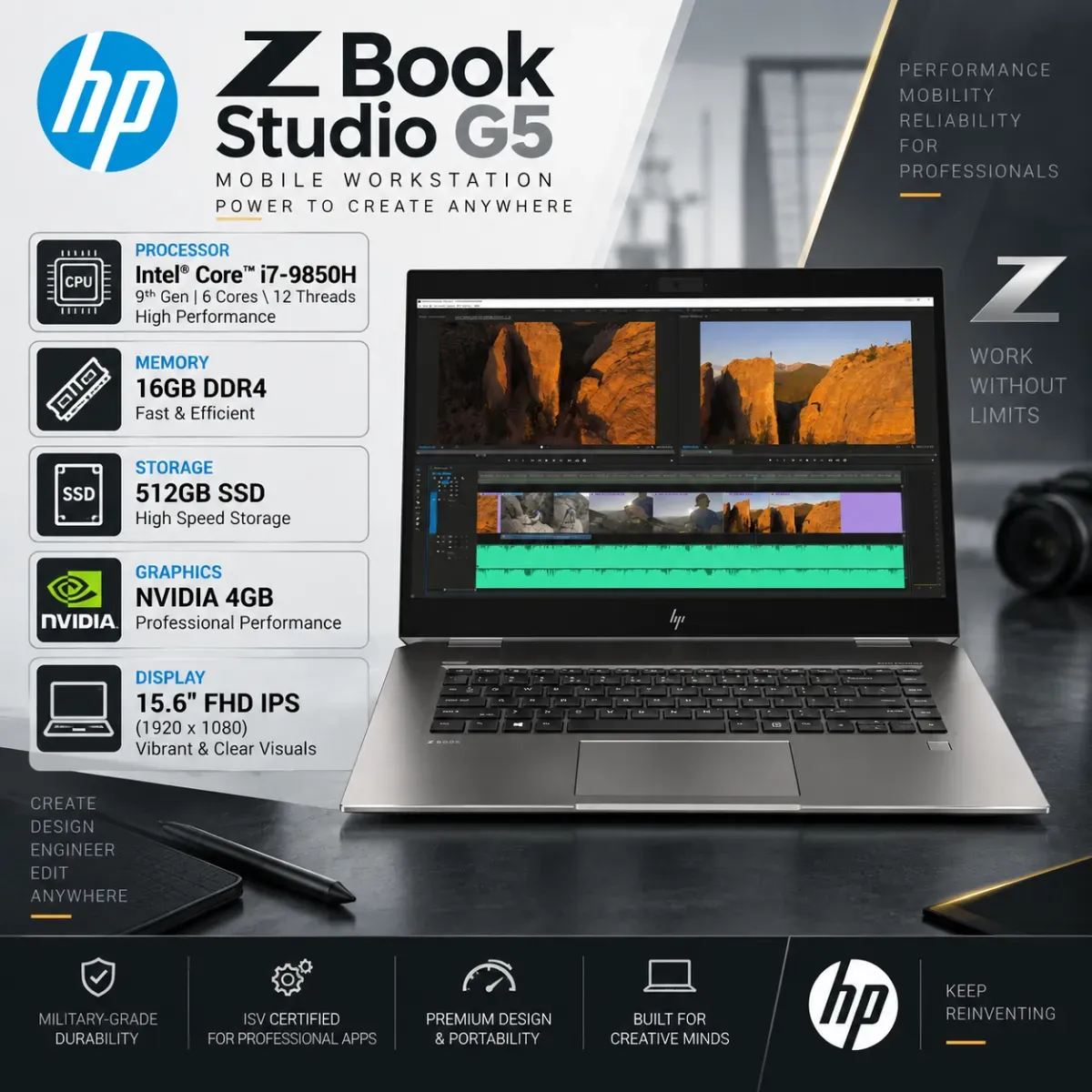 HP ZBook Studio G5 Core i7 9850H RAM 16GB SSD 512GB NVIDIA 4GB 15.6" FHD IPS