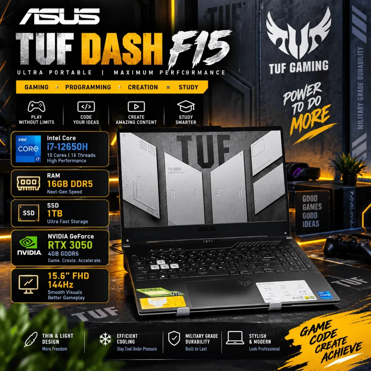 ASUS TUF Dash F15 Core i7 12650H RAM 16GB DDR5 SSD 1TB RTX 3050 4GB 15.6" FHD 144Hz