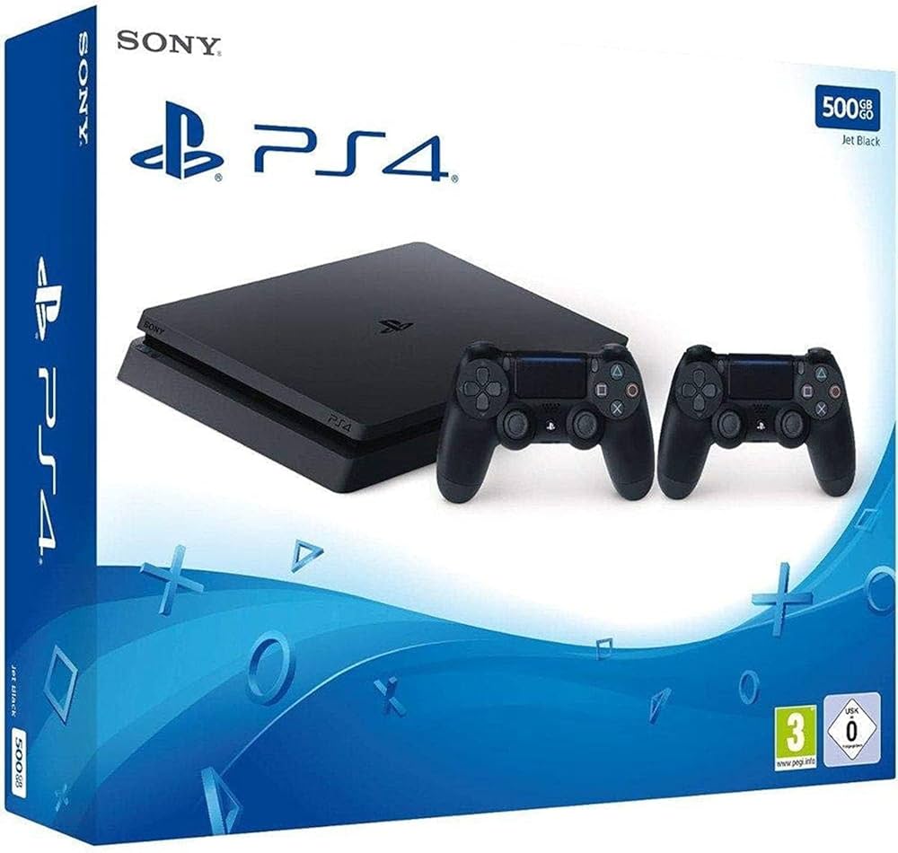 Sony PlayStation 4 Slim – 2 Controllers – HDMI + Power Cables – 12+ Games Included (FIFA, PES, GTA V, Crash Bandicoot) 🎮