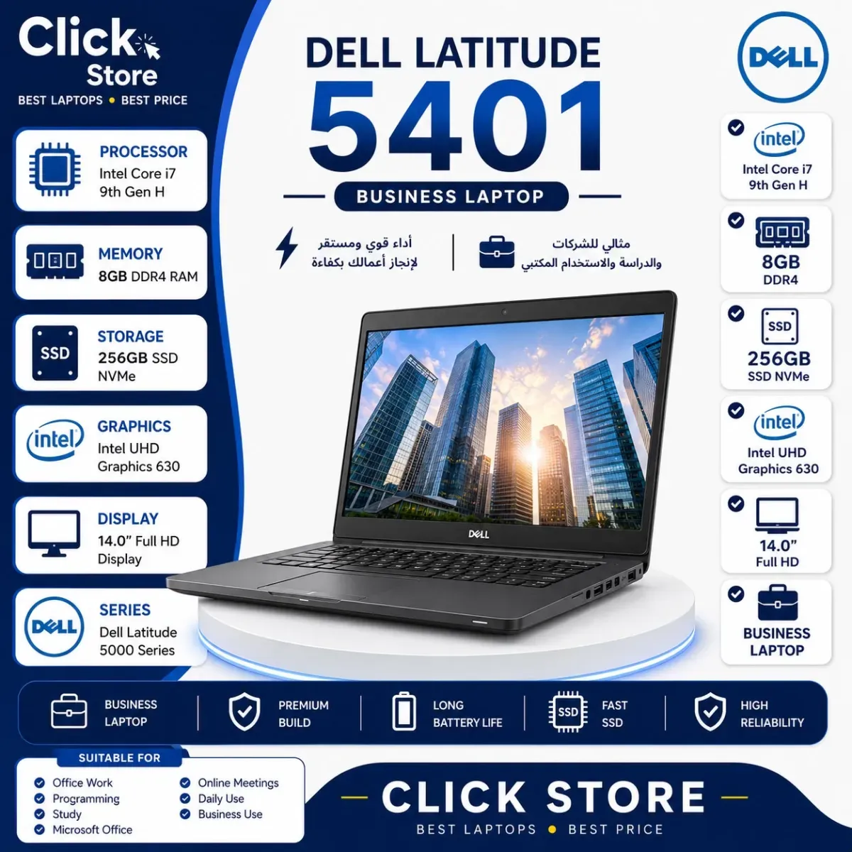 Dell Latitude 5401 – i7 9th Gen H, 8GB RAM, 256GB SSD, Intel VGA, 14.1″ IPS