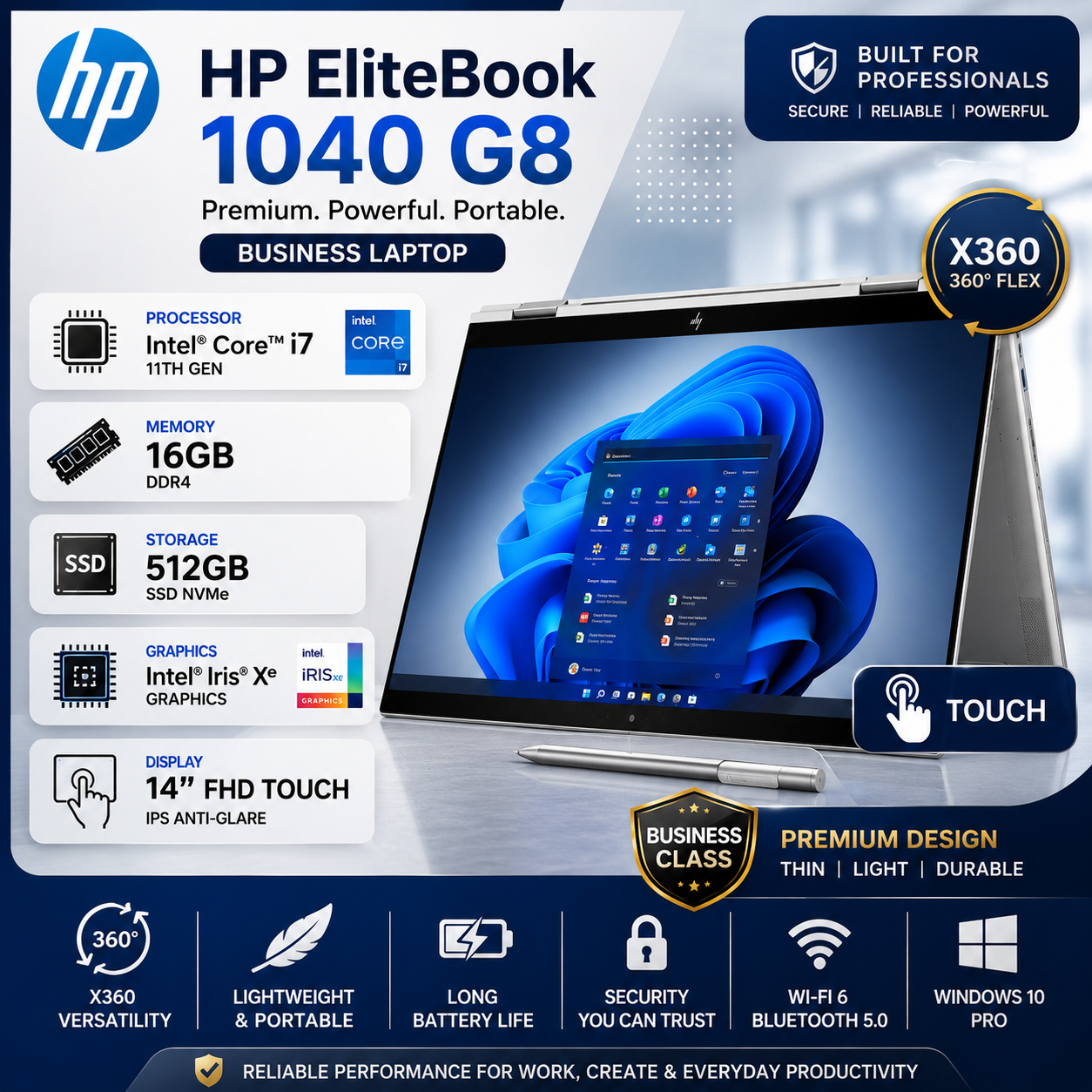 HP EliteBook 1040 G8 Core i7 11th RAM 16GB SSD 512GB Intel 14" Touch X360