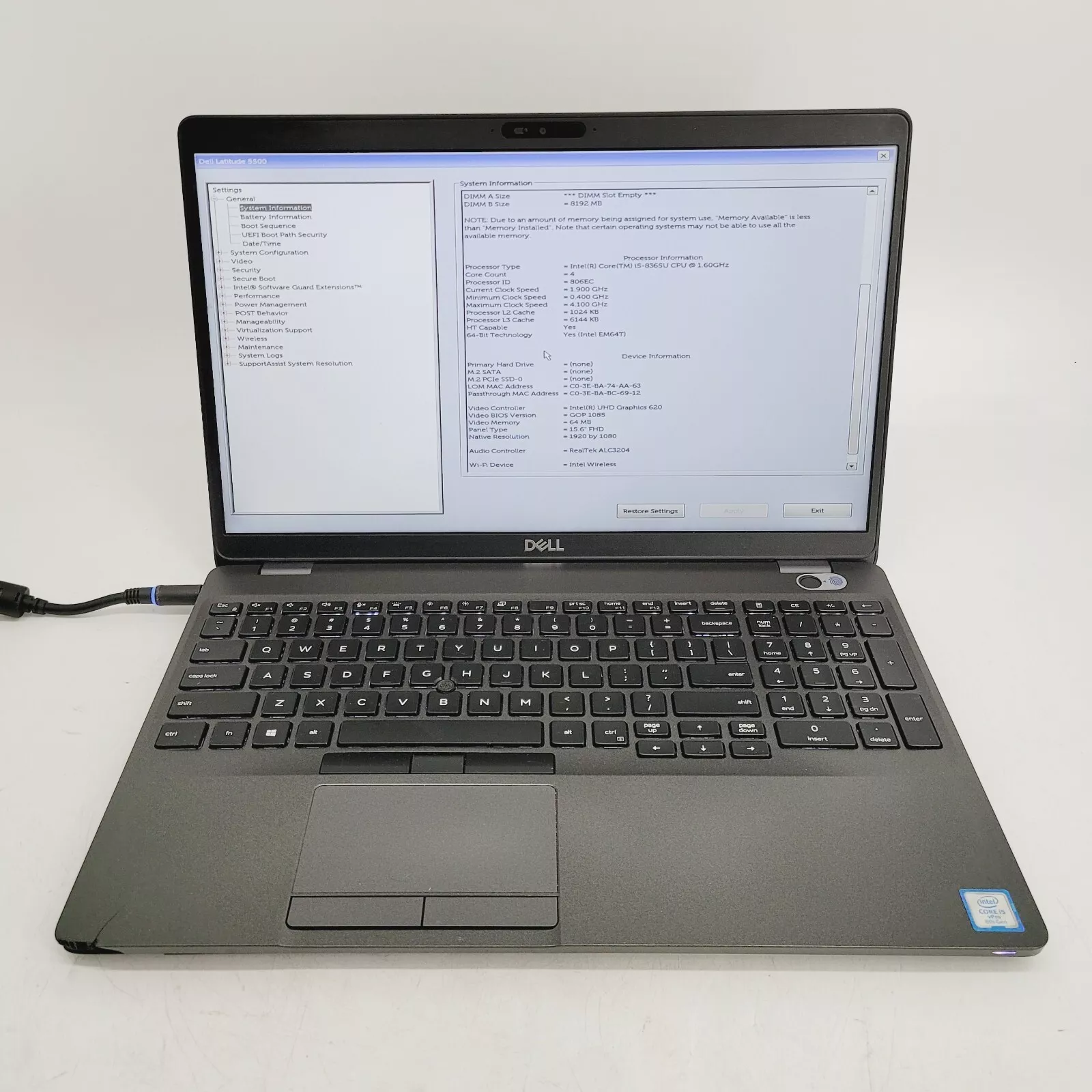 Dell Latitude 5500 Core i7 8265U RAM 8GB SSD 256GB Intel 15.6